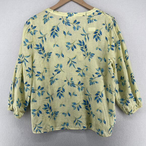 J.JILL Top PM Petite Love Linen Watercolor Printed Pintuck 3/4 Sleeve Yellow - Picture 2 of 13